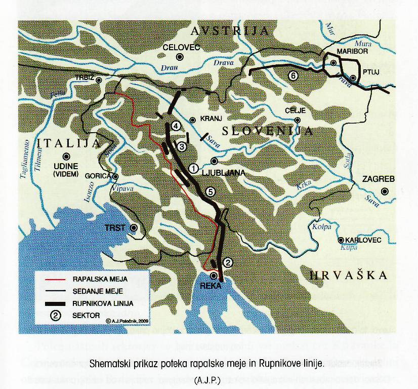 Potek rapalske meje in Rupnikove linije (Iz knjige A. J. Potočnika).