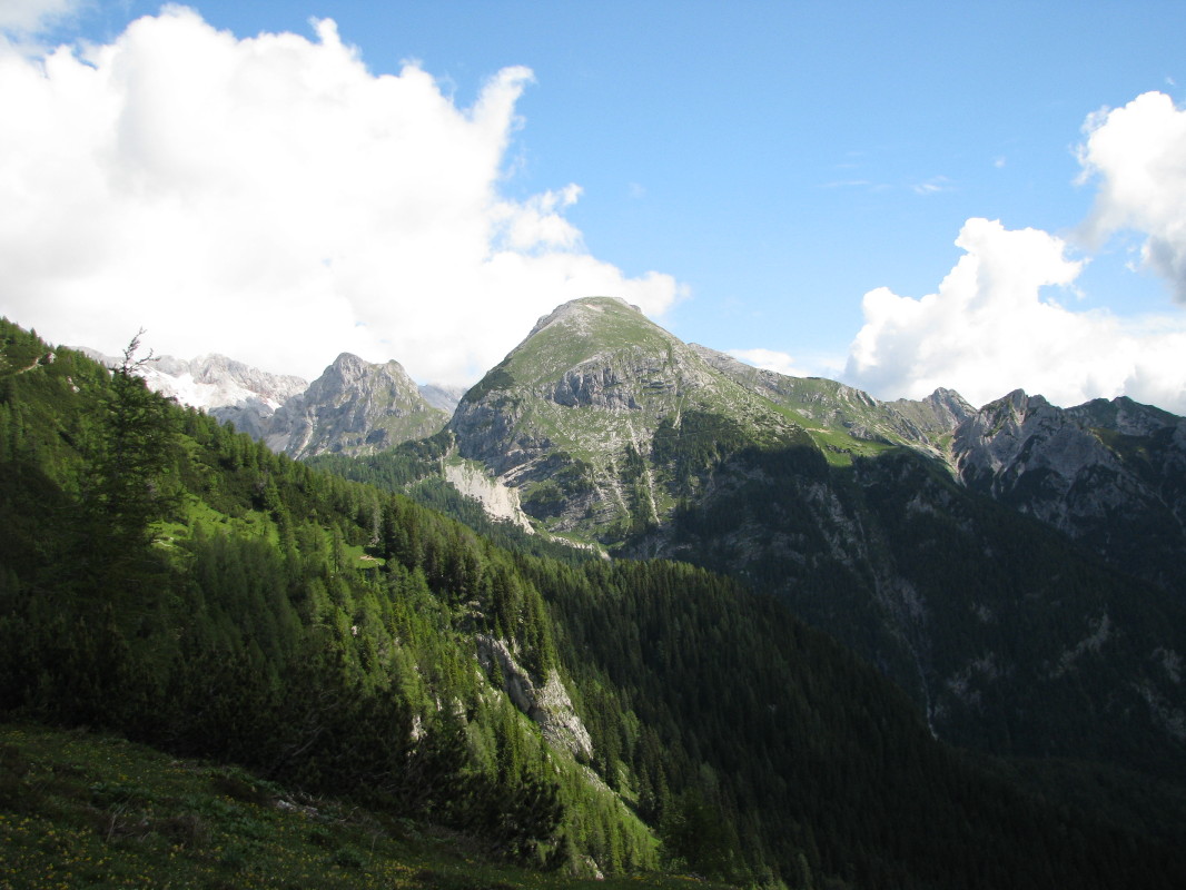 Pogled s planine Krstenica na Vernar (2225 m), Tosc (2275 m), Veliki Draški vrh (2243 m), Mali Draški vrh (2132 m), Ablanco (2004 m) in Viševnik (2050 m)