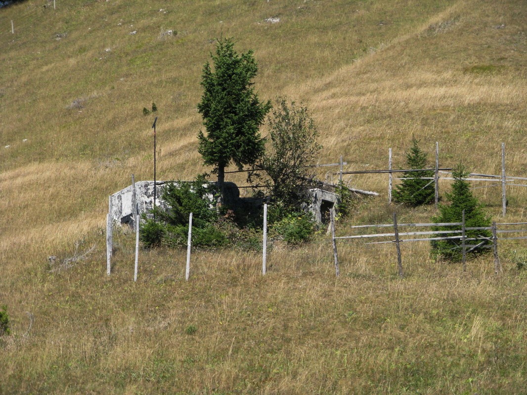 Ostanki vojaškega bunkerja na južnem pobočju Grebel vrha (1348 m)