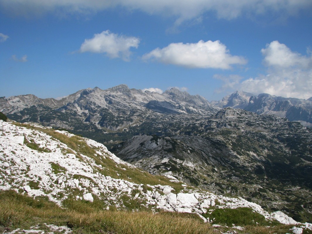 Vzhodno pod Lanževico (2003 m) in Gladki lašt (2100 m), v ozadju Plaski Vogel (2348 m), Lepo Špičje (2398 m), Dolina Triglavskih sedmerih jezer, ter gore severno in vzhodno ...