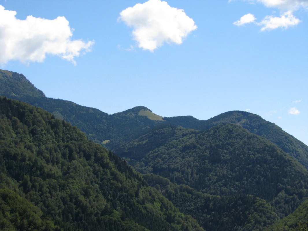 Pogled z grebena v smeri vrha Gožel (978 m) na pogorje Ratitovca, Grebel vrh (1348 m), Žbont (1295 m), Bintek (1257 m) in Lajtnik (1053 m)