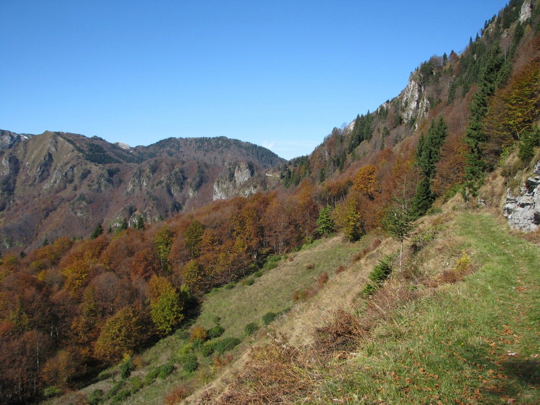 Zahodno proti Kobli (1498 m), Bisagarjev rovt (1370 m), Šance (1350 m), Vrh Bače (1273 m), dvojni vrh v ozadju in na sredini, Sončni vrh z južne strani in s severne strani Kravja Črna gora (1541 m)