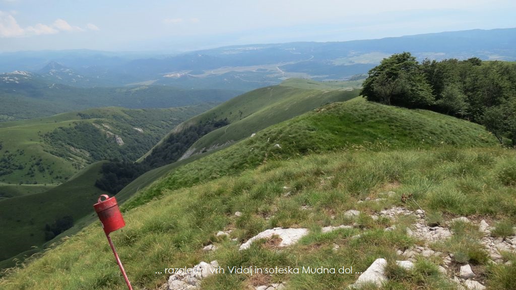 Zahodno se povzpnemo še na razgledni vrh Vidalj (1184 m) z izjemnim razgledom južno na Kvarnerski zaliv in Jadransko morje